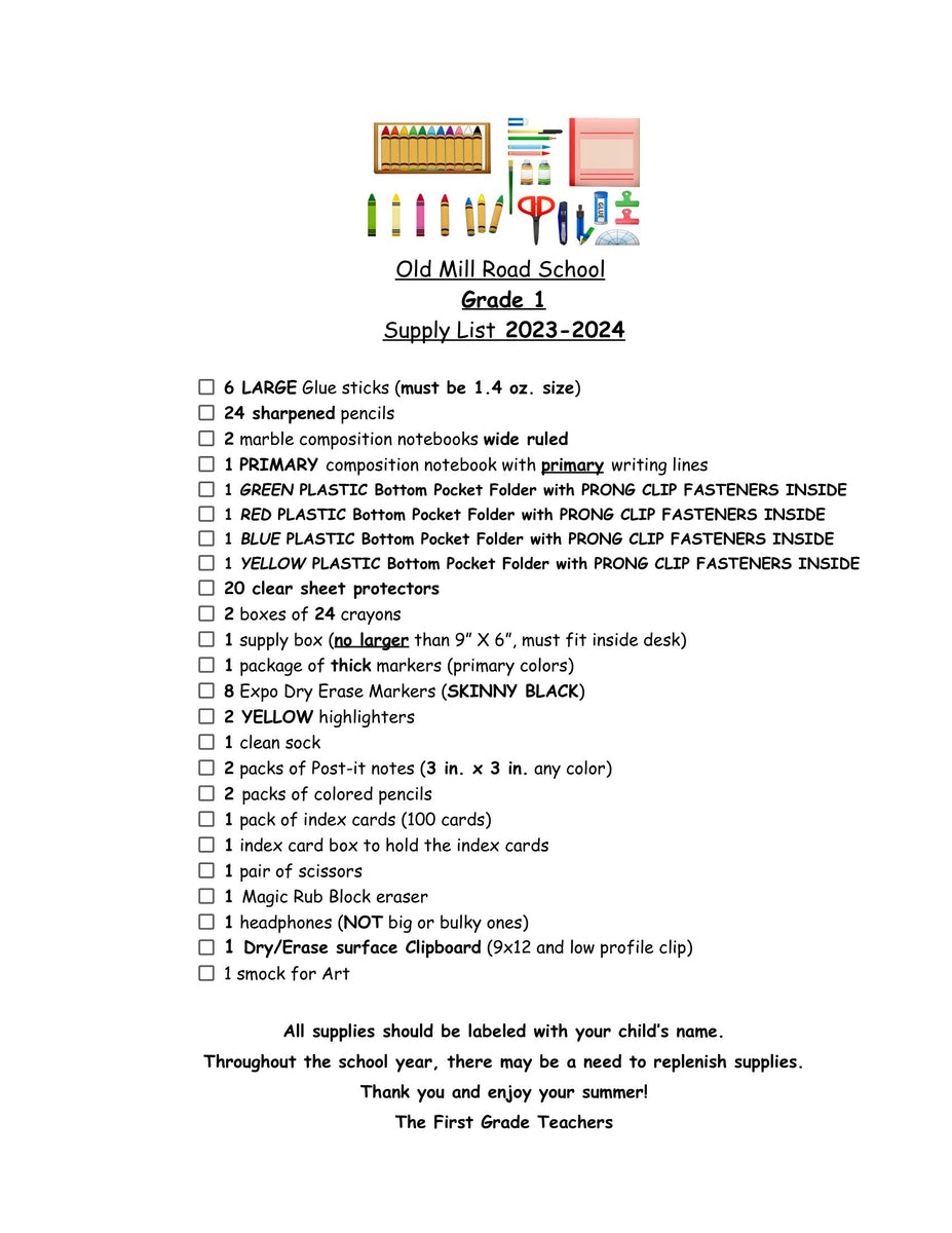Old Mill School FIRST GRADE 202324 School Supply Package Colony