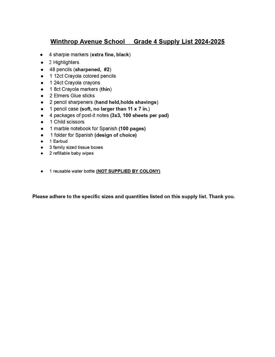 Bellmore School FOURTH GRADE 202425 School Supply Package Colony