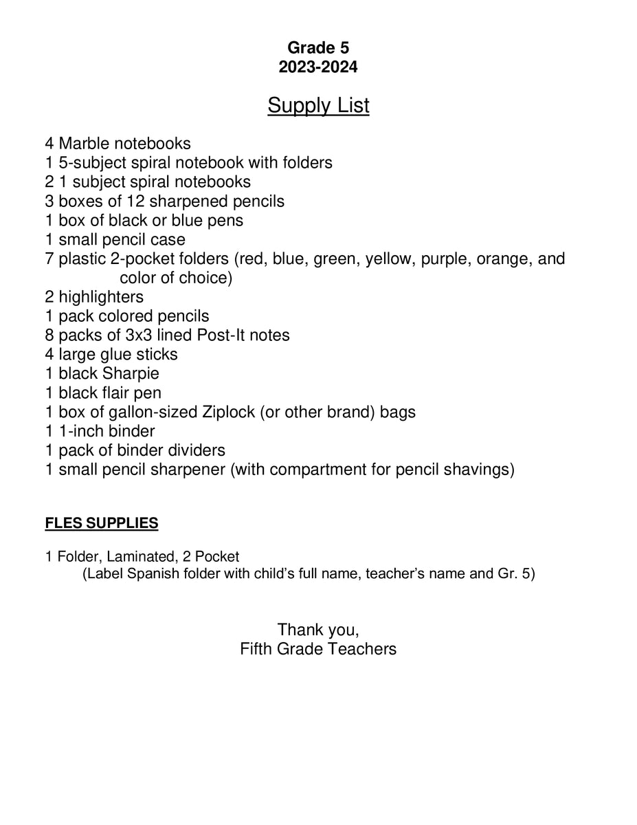 Birch School Fifth Grade 202324 School Supply Package Colony Cards