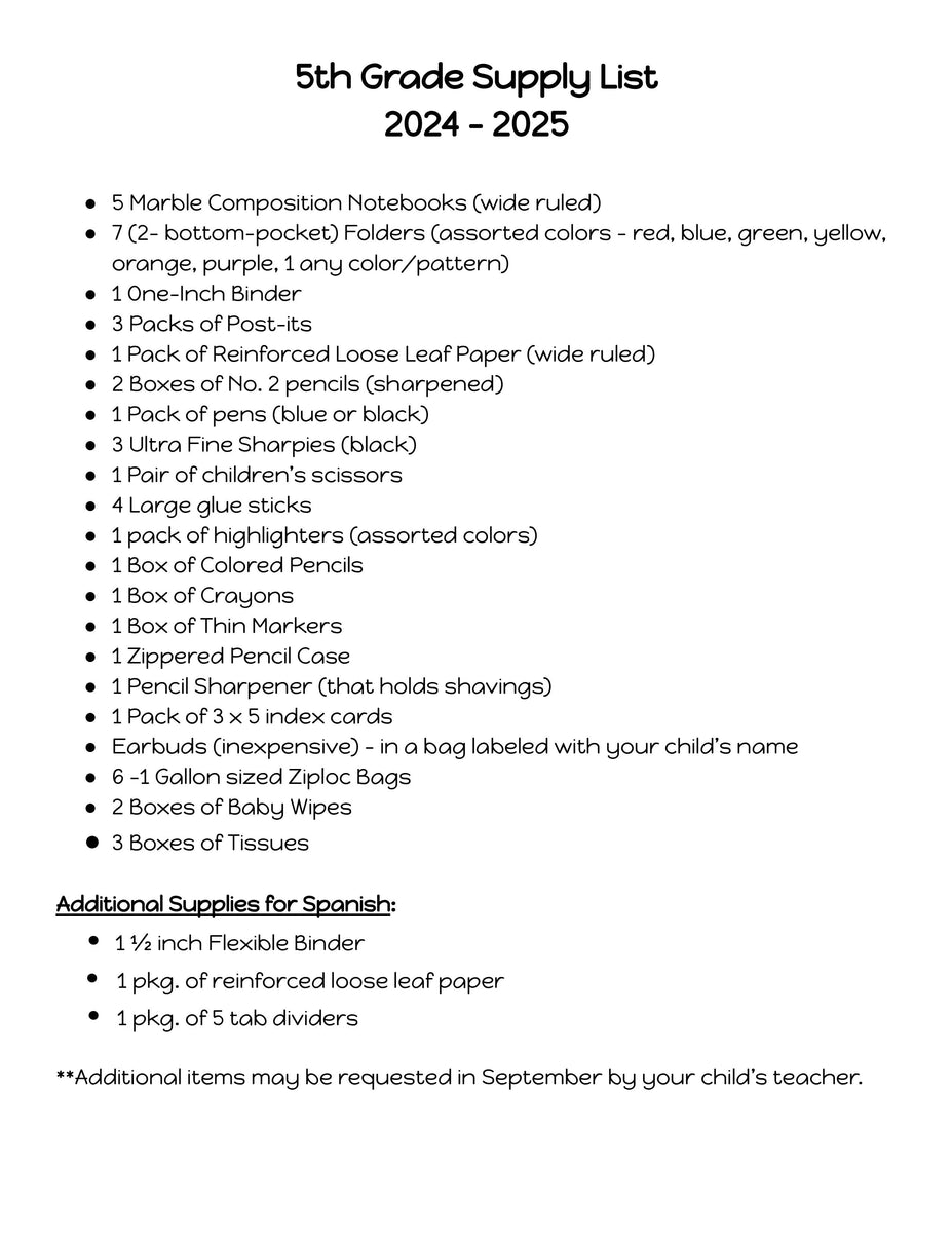 Bellmore School FIFTH GRADE 202425 School Supply Package Colony