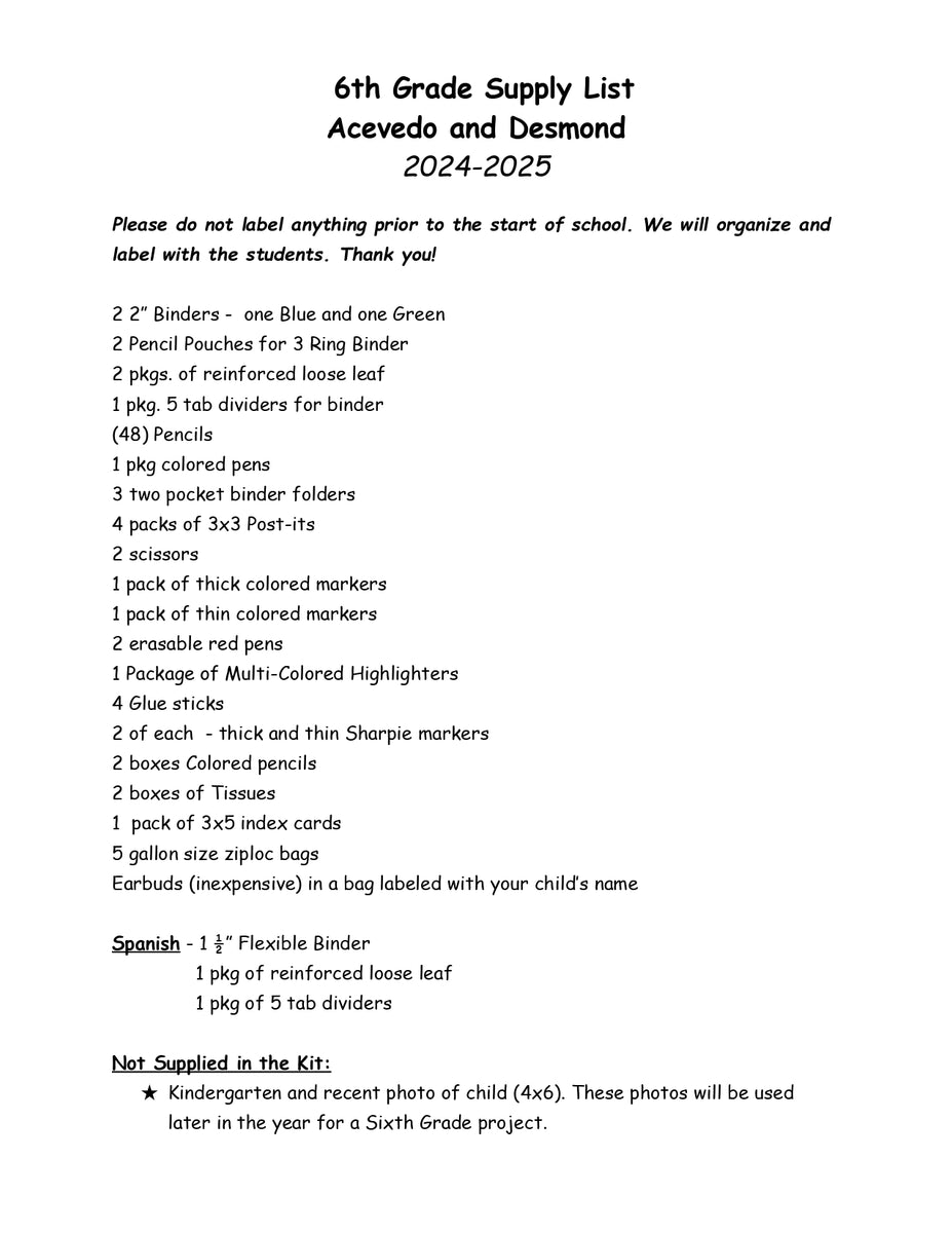 Bellmore School SIXTH GRADE 202425 School Supply Package Acevedo