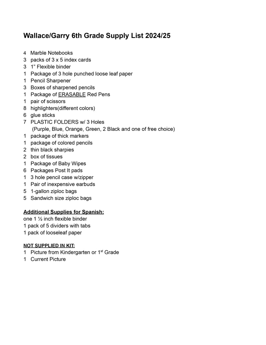 Bellmore School SIXTH GRADE WALLACE/GARRY 202425 School Supply