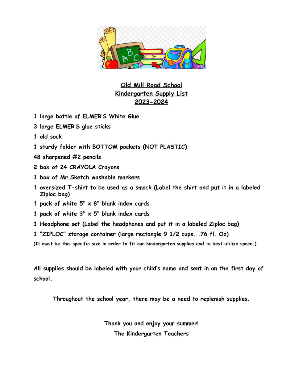 Old Mill School KINDERGARTEN 202324 School Supply Package Colony