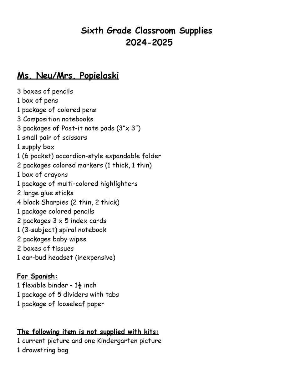 Bellmore School SIXTH GRADE NEU/POPIELASKI Class 202425 School