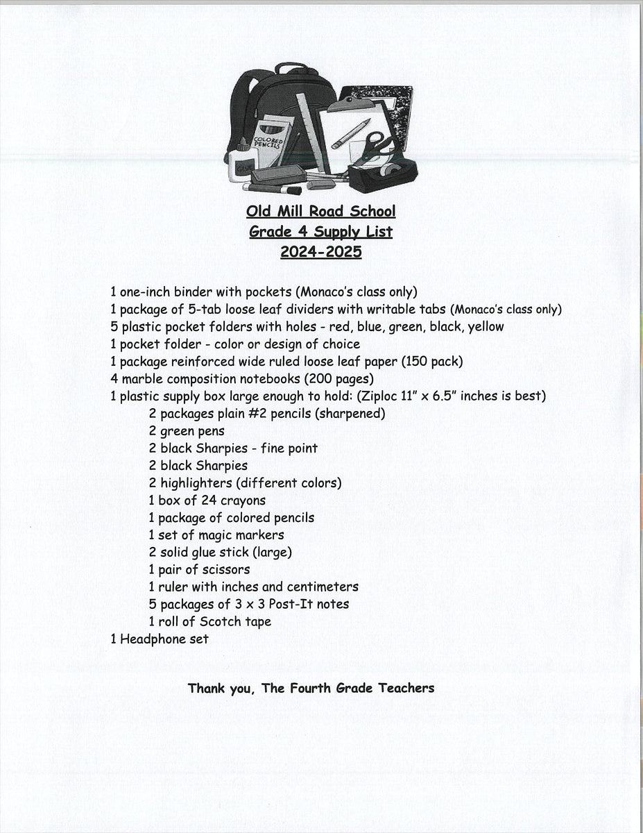 Old Mill School FOURTH GRADE 202425 School Supply Package Colony