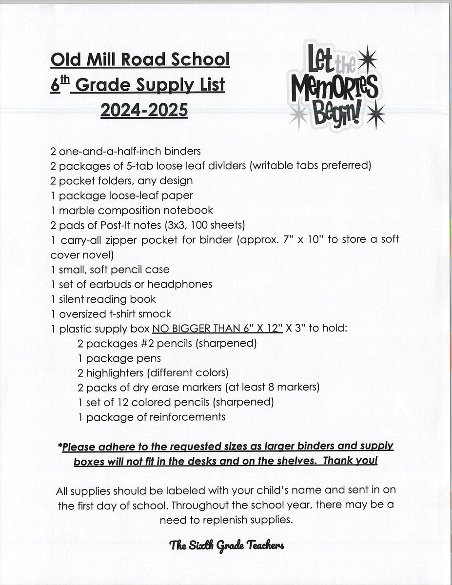 Old Mill School SIXTH GRADE 202425 School Supply Package Colony