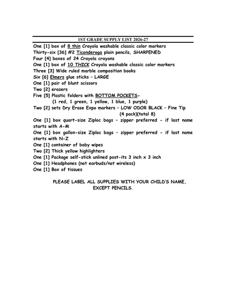 Wantagh Elementary School - FIRST Grade 2026-27 School Supply Package