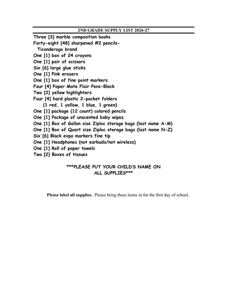 Wantagh Elementary School - SECOND Grade 2026-27 School Supply Package