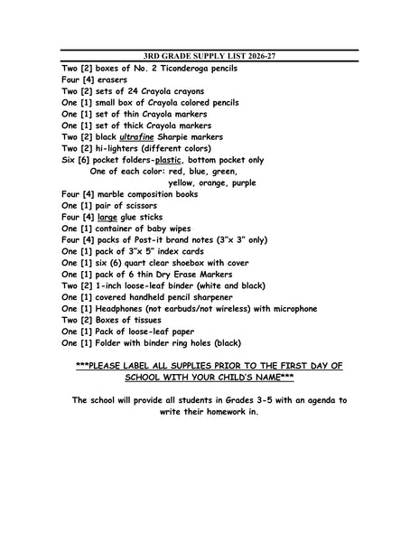 Wantagh Elementary School - THIRD Grade 2026-27 School Supply Package