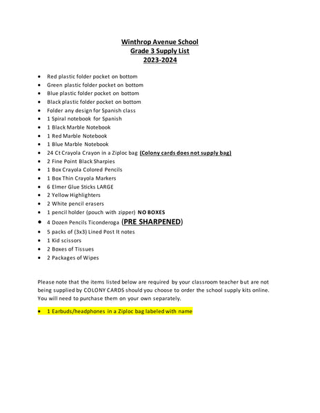 Bellmore School - THIRD GRADE 2023-24 School Supply Package