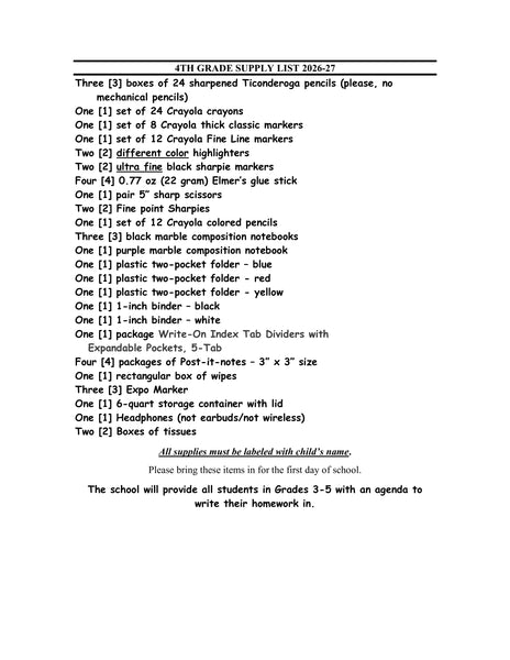 Wantagh Elementary School - FOURTH Grade 2026-27 School Supply Package