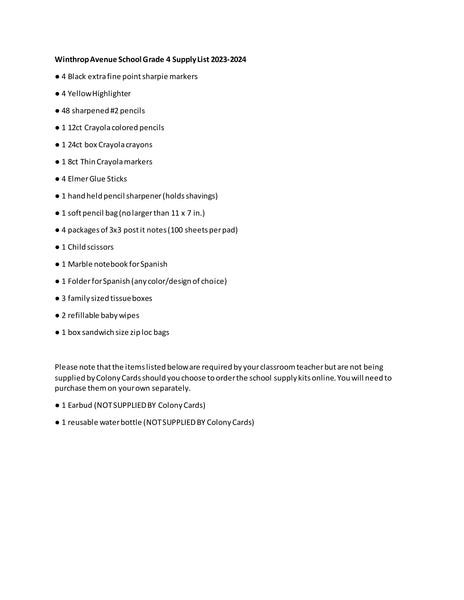 Bellmore School - FOURTH GRADE 2023-24 School Supply Package