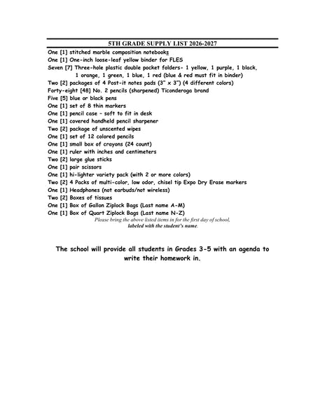 Wantagh Elementary School - FIFTH Grade 2026-27 School Supply Package