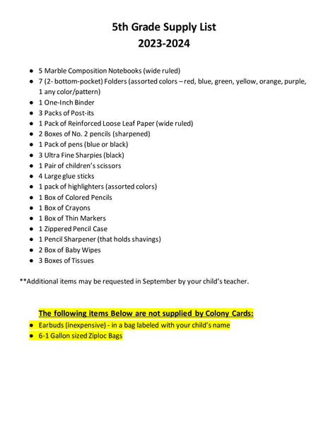 Bellmore School - FIFTH GRADE 2023-24 School Supply Package