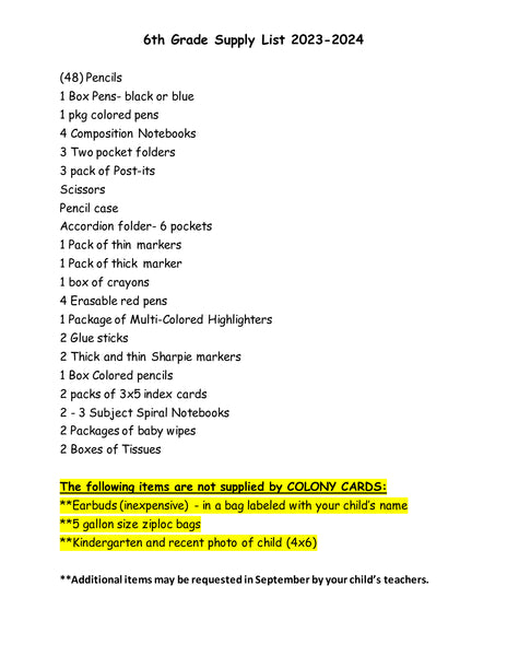 Bellmore School - SIXTH GRADE 2023-24 School Supply Package