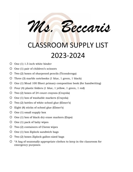 Old Mill School - MS. BECCARIS'S CLASS 2023-24 School Supply Package