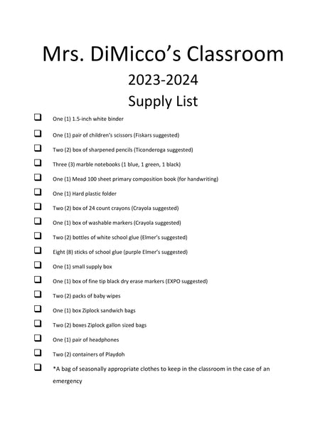 Old Mill School - MRS. DIMICCO'S CLASS 2023-24 School Supply Package