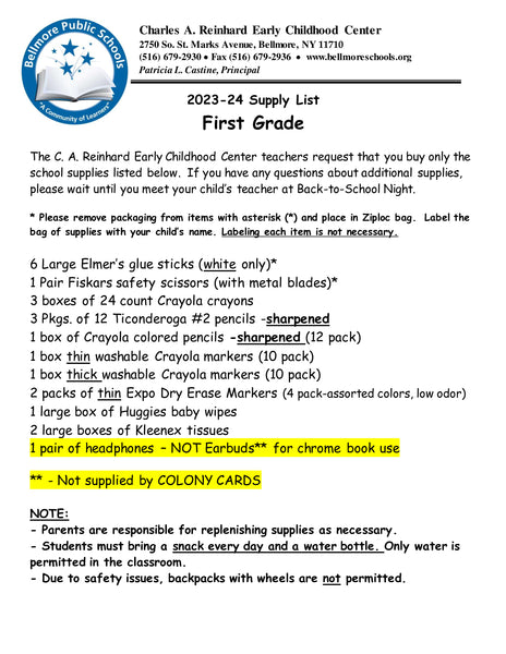 Bellmore School - FIRST GRADE 2023-24 School Supply Package