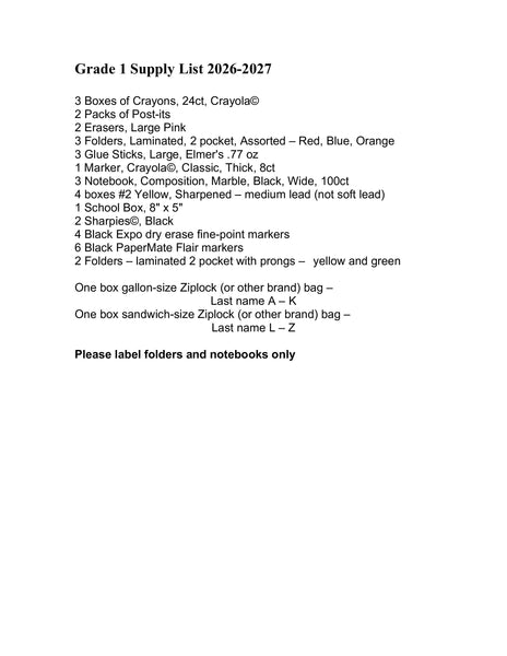 Birch School - First Grade 2026-27 School Supply Package