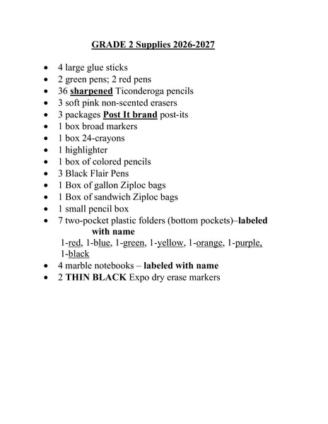 Birch School - Second Grade 2026-27 School Supply Package