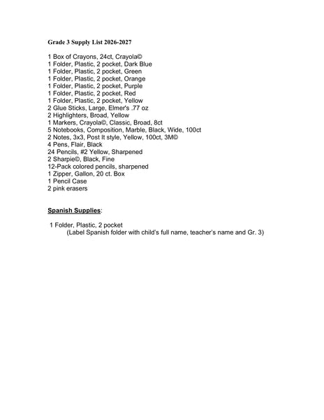Birch School - Third Grade 2026-27 School Supply Package