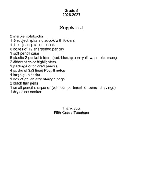Birch School - Fifth Grade 2026-27 School Supply Package