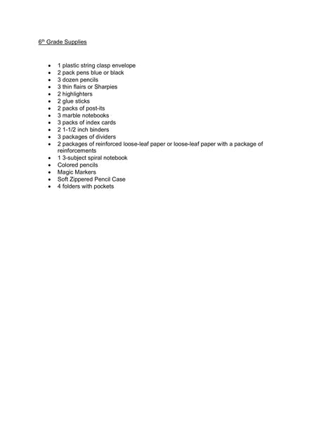 Birch School - Sixth Grade 2026-27 School Supply Package