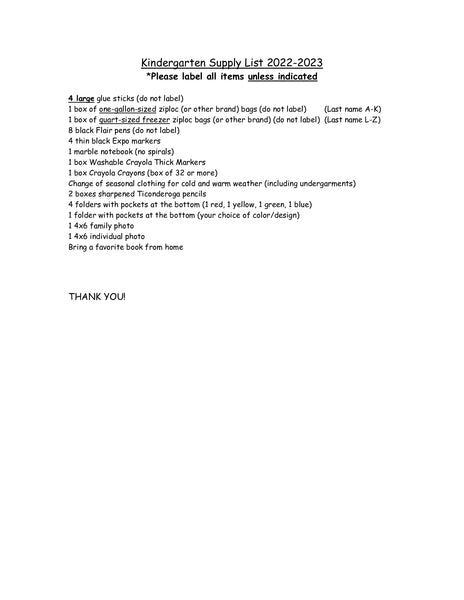 Birch School - Kindergarten 2023-24 School Supply Package