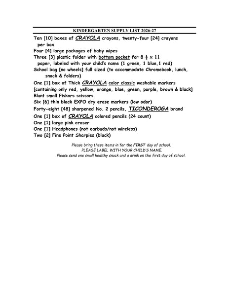 Wantagh Elementary School - KINDERGARTEN Grade 2026-27 School Supply Package