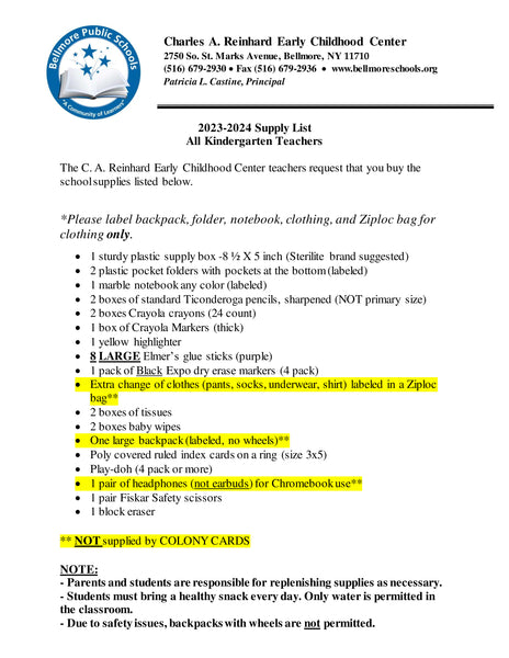 Bellmore School - KINDERGARTEN 2023-24 School Supply Package