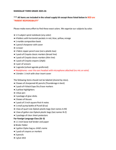 Mandalay School - THIRD Grade 2025-26 School Supply Package