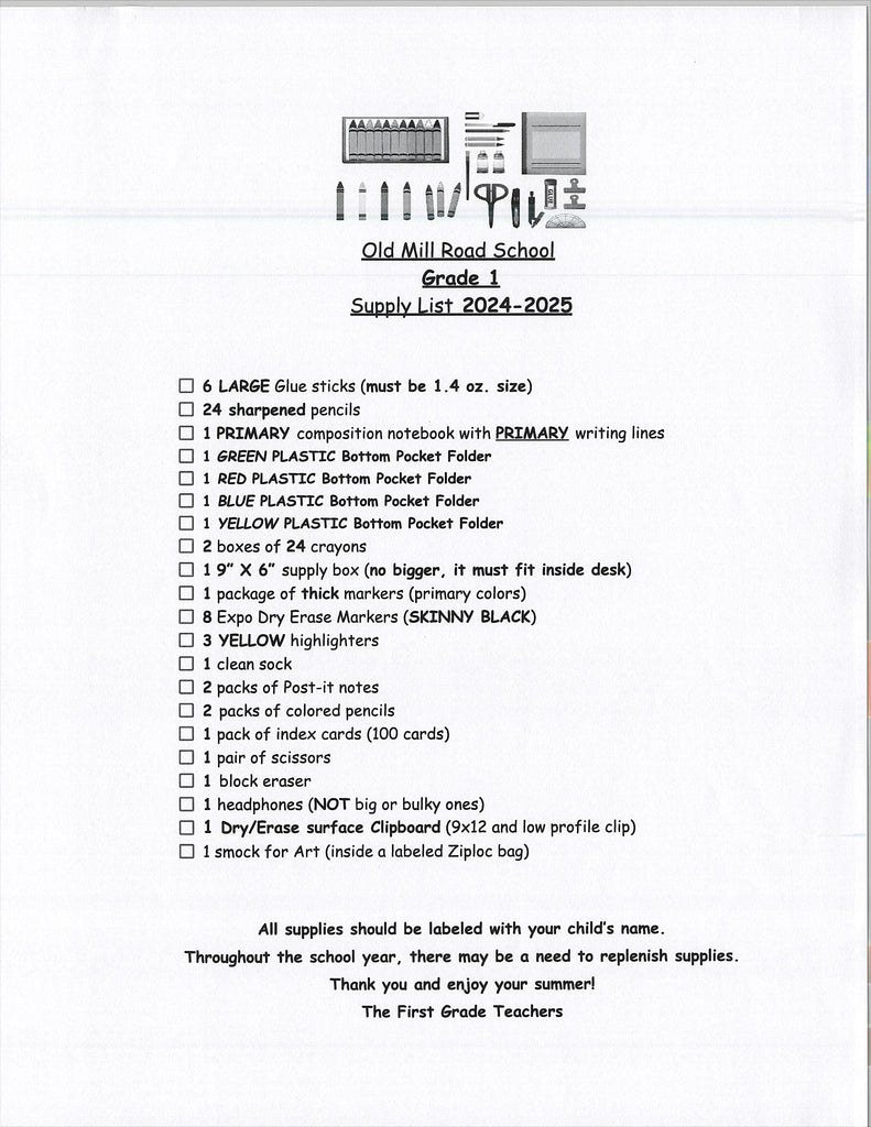 Old Mill School FIRST GRADE 202425 School Supply Package Colony