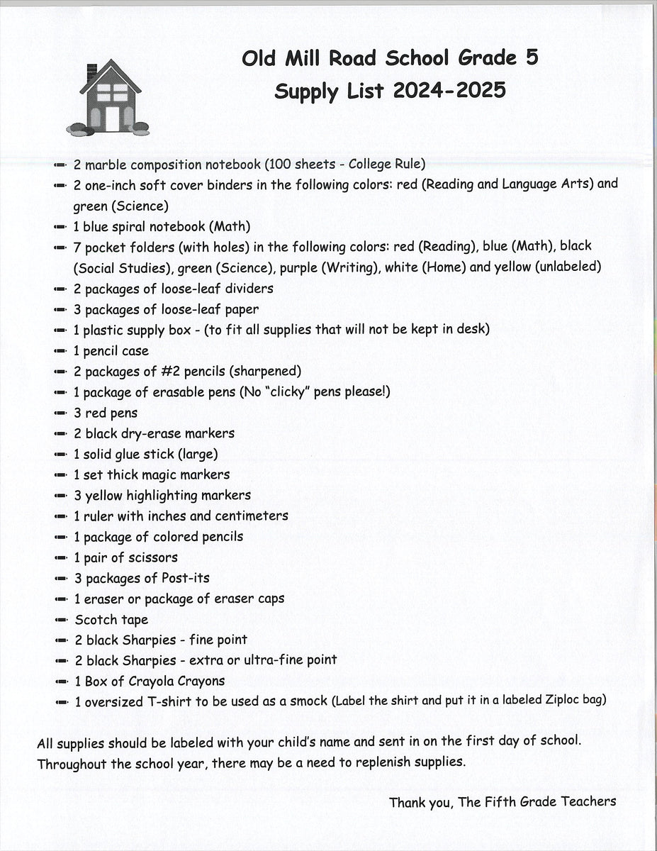 Old Mill School FIFTH GRADE 202425 School Supply Package Colony