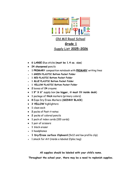 Old Mill School - FIRST GRADE 2025-26 School Supply Package