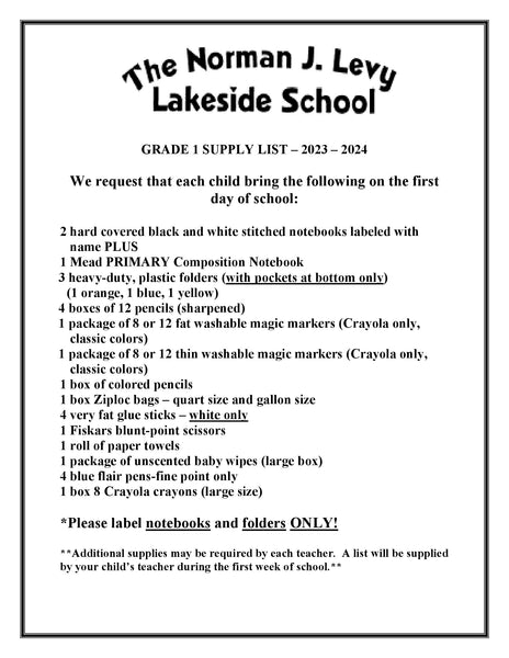 Lakeside School - FIRST Grade 2023-24 School Supply Package