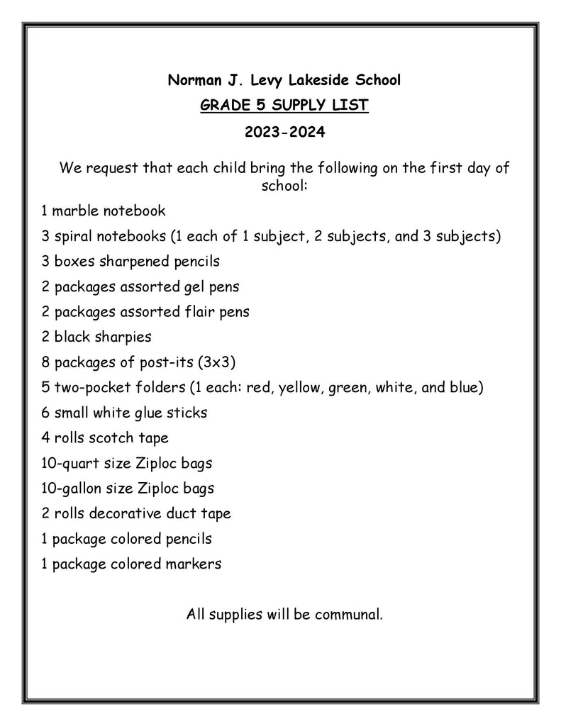 Lakeside School - FOURTH Grade 2023-24 School Supply Package