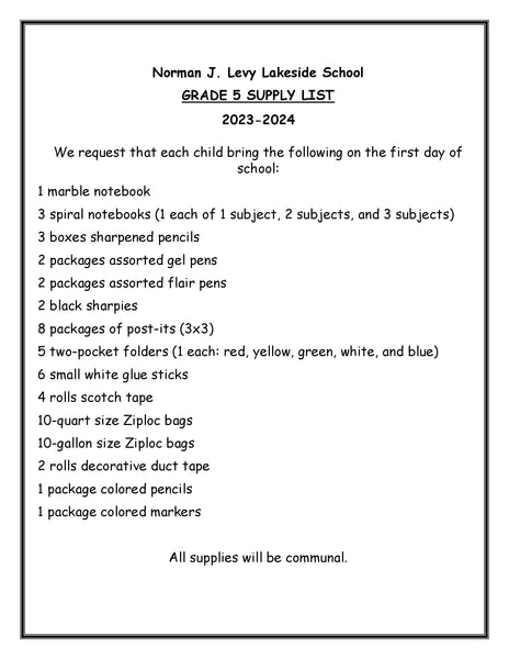 Lakeside School - FIFTH Grade 2023-24 School Supply Package