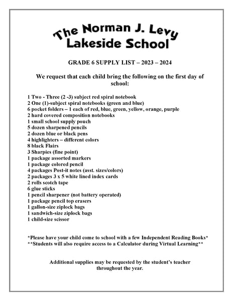 Lakeside School - THIRD Grade 2023-24 School Supply Package