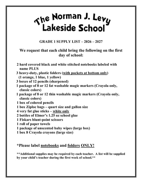 Lakeside School - FIRST Grade 2026-27 School Supply Package
