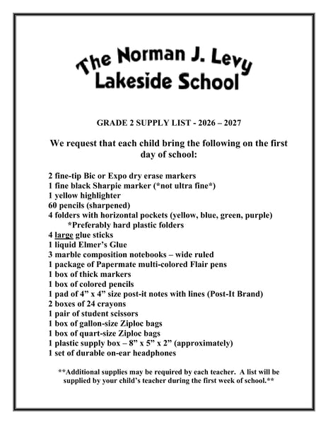 Lakeside School - SECOND Grade 2026-27 School Supply Package