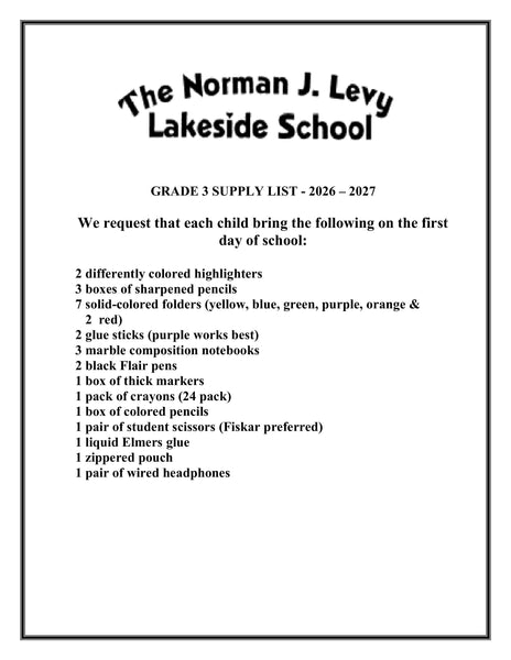 Lakeside School -THIRD Grade 2026-27 School Supply Package