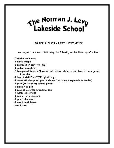 Lakeside School - FOURTH Grade 2026-27 School Supply Package