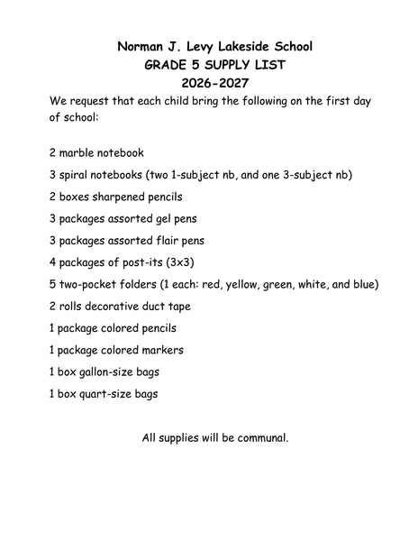 Lakeside School - FIFTH Grade 2026-27 School Supply Package