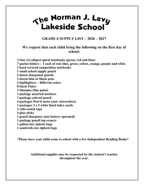 Lakeside School - SIXTH Grade 2026-27 School Supply Package