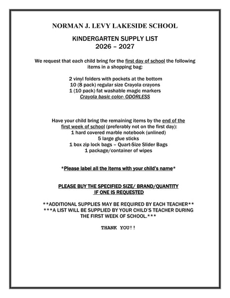 Lakeside School - KINDERGARTEN Grade 2026-27 School Supply Package