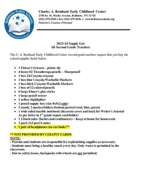 Bellmore School - SECOND GRADE 2023-24 School Supply Package