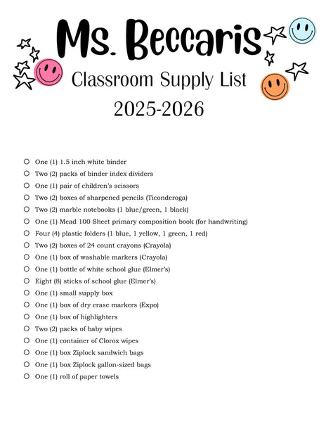 Old Mill School - MS. BECCARIS'S CLASS 2025-26 School Supply Package