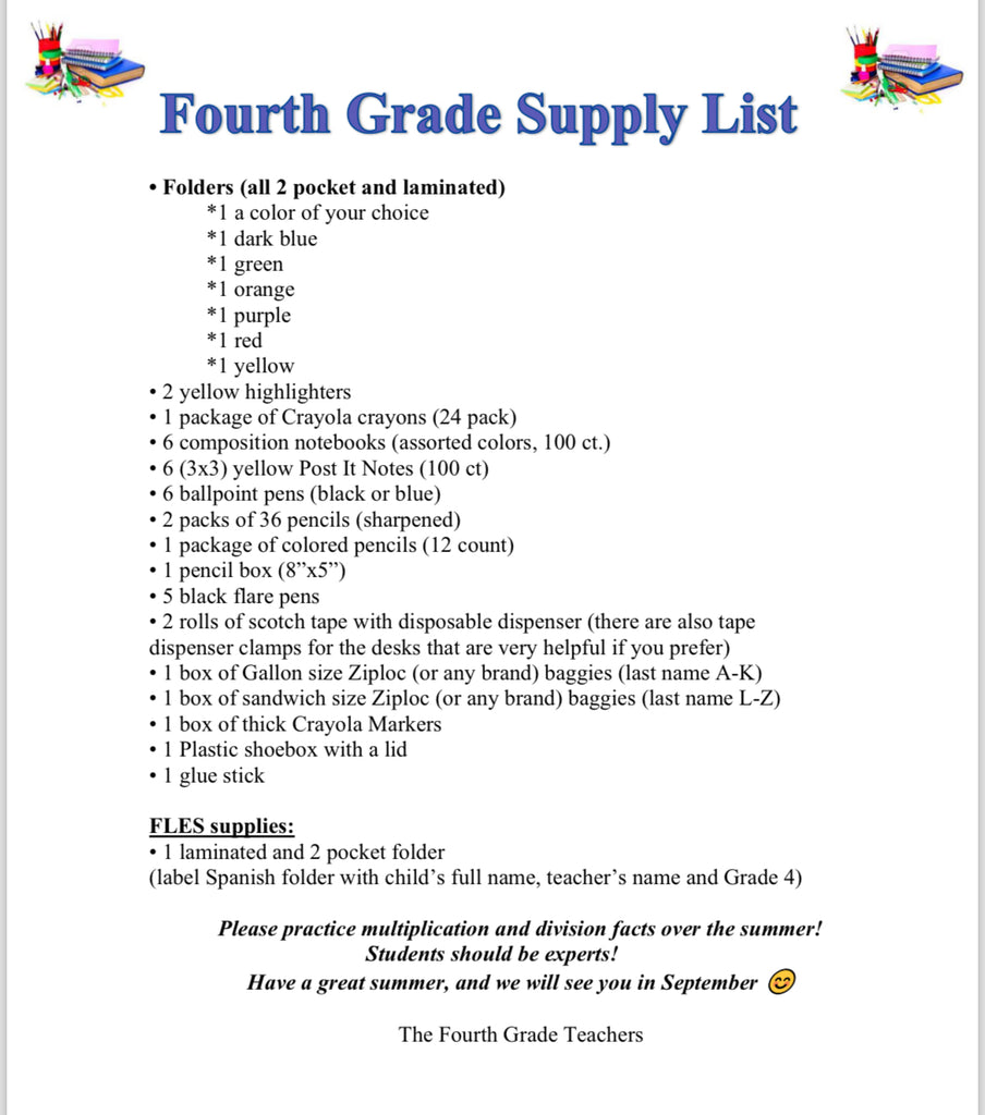 Birch School Fourth Grade 202425 School Supply Package Colony