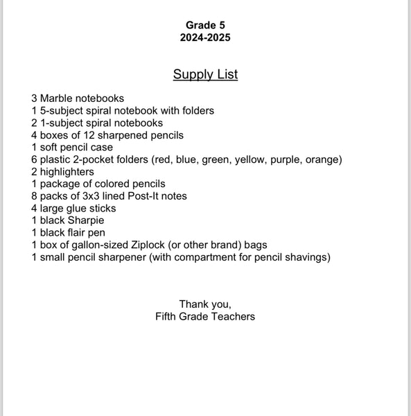 Birch School - Fifth Grade 2024-25 School Supply Package