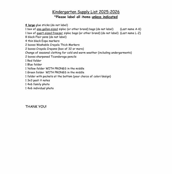 Birch School - KINDERGARTEN 2025-26 School Supply Package